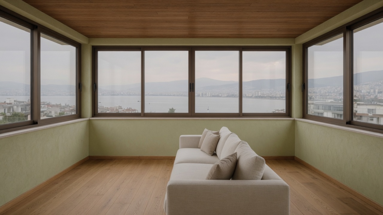 Living room to the bay through a long bronze window