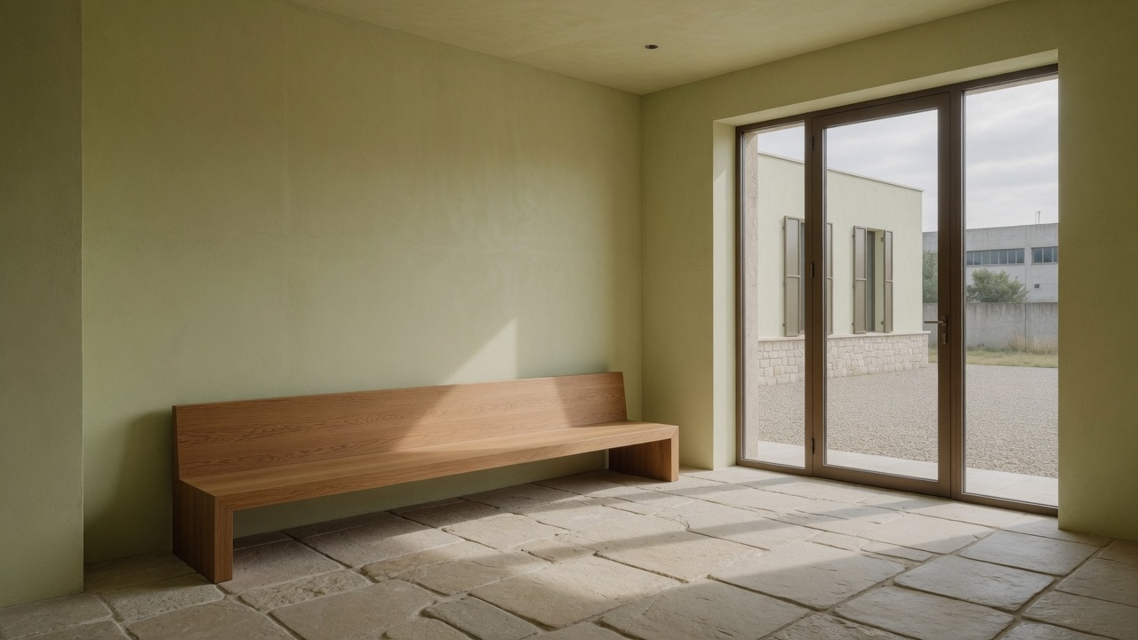 Quiet lobby, oak bench and stone floor
