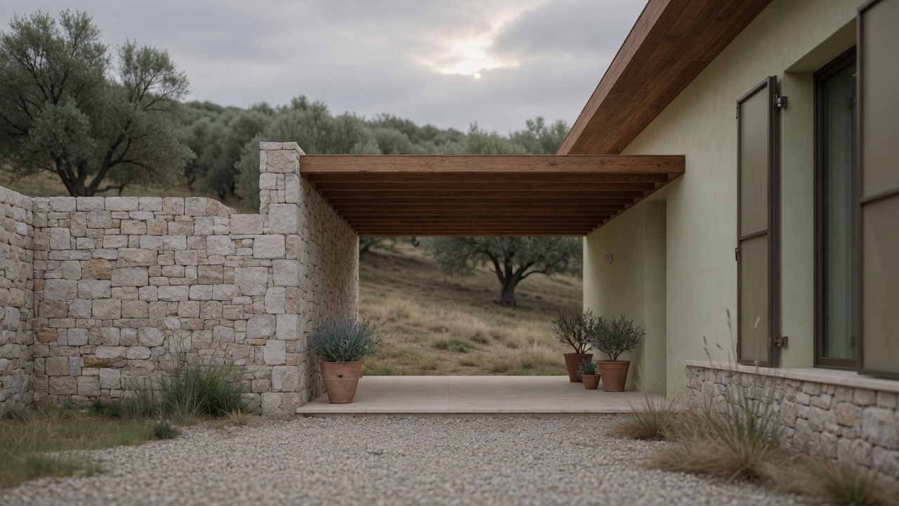 Stone court wall, oak shade and gravel drive