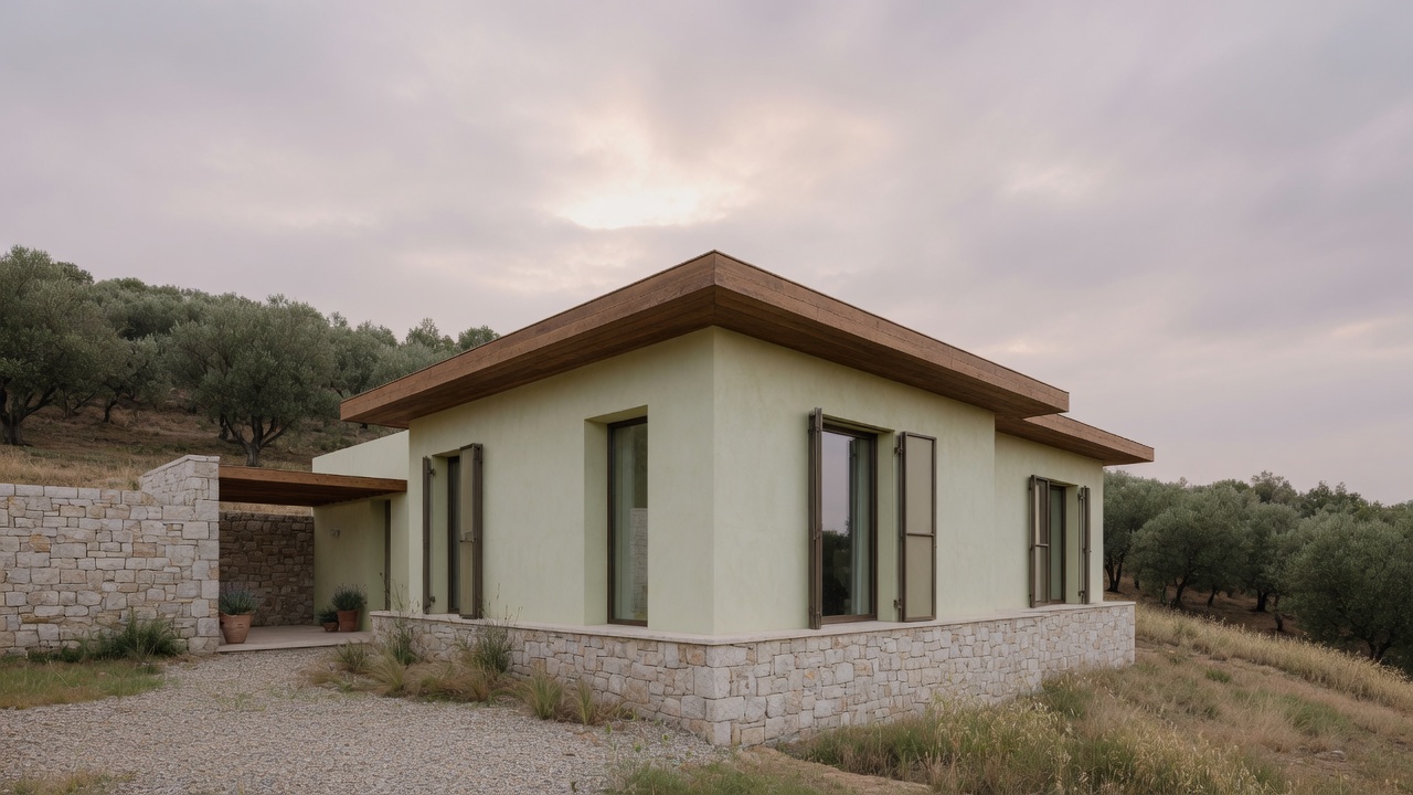 Lime-plaster villa with a stone base on an olive slope