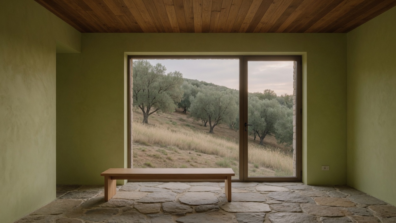 Living room to the olives, lime walls and oak ceiling