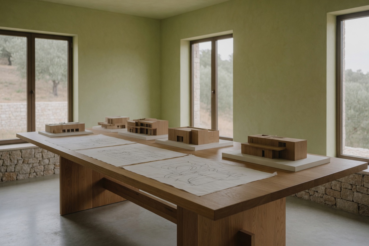 Atölye Kesit studio: oak table, massing models and lime walls
